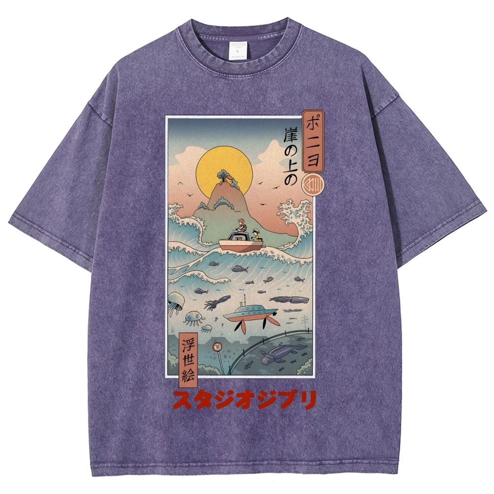 Ghibli Ponyo Anime Ukiyoe Vintage Wash Japanese Design T-Shirt