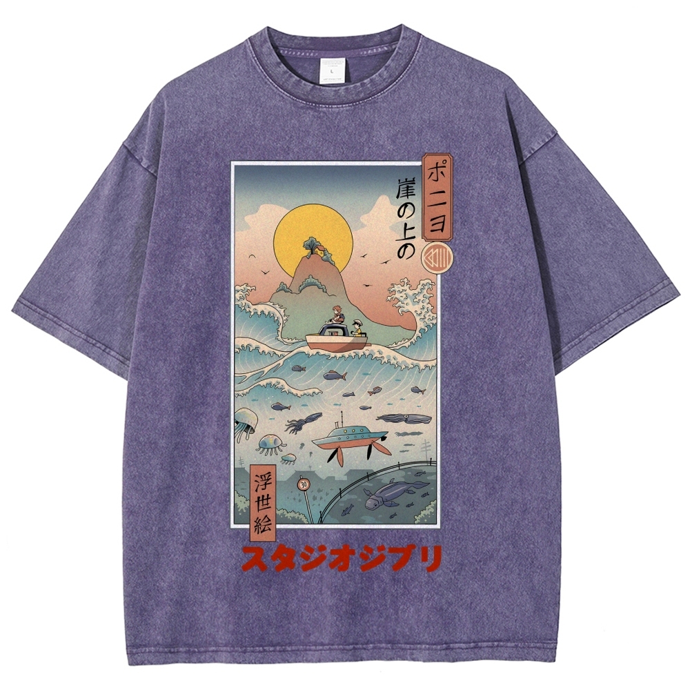 Ghibli Ponyo Anime Ukiyoe Vintage Wash Japanese Design T-Shirt