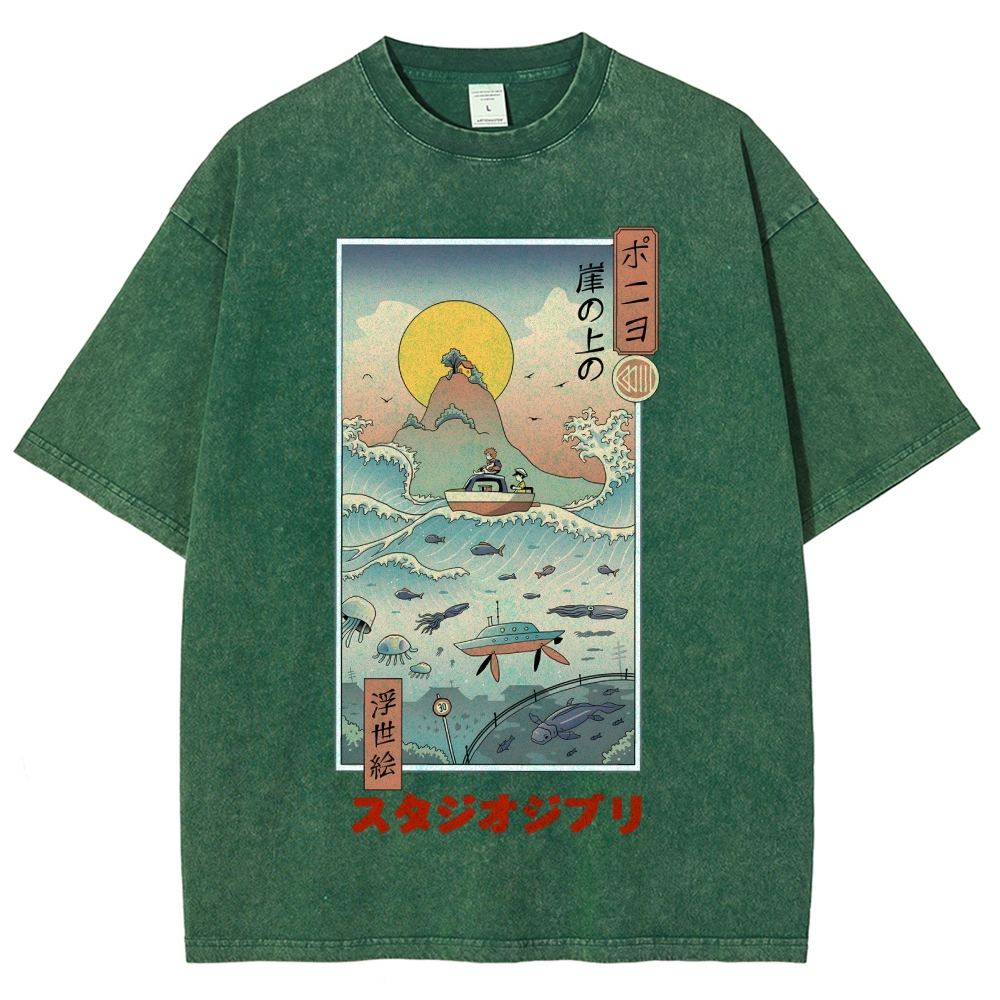 Ghibli Ponyo Anime Ukiyoe Vintage Wash Japanese Design T-Shirt