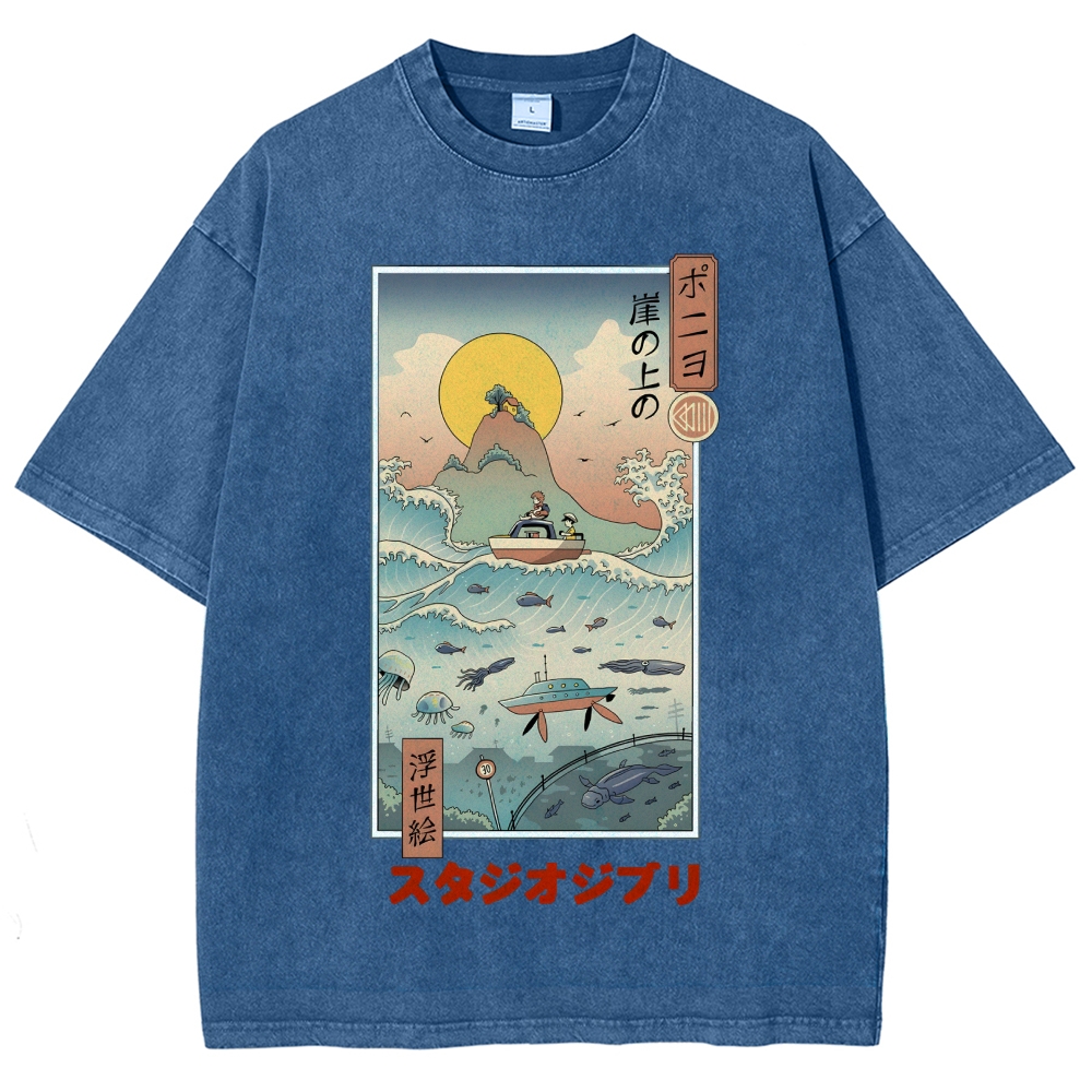 Ghibli Ponyo Anime Ukiyoe Vintage Wash Japanese Design T-Shirt