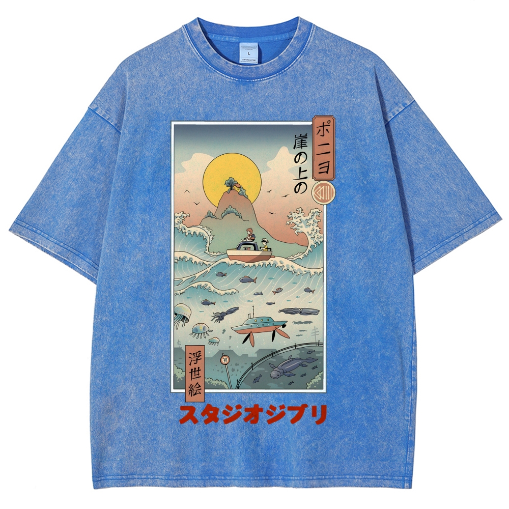 Ghibli Ponyo Anime Ukiyoe Vintage Wash Japanese Design T-Shirt