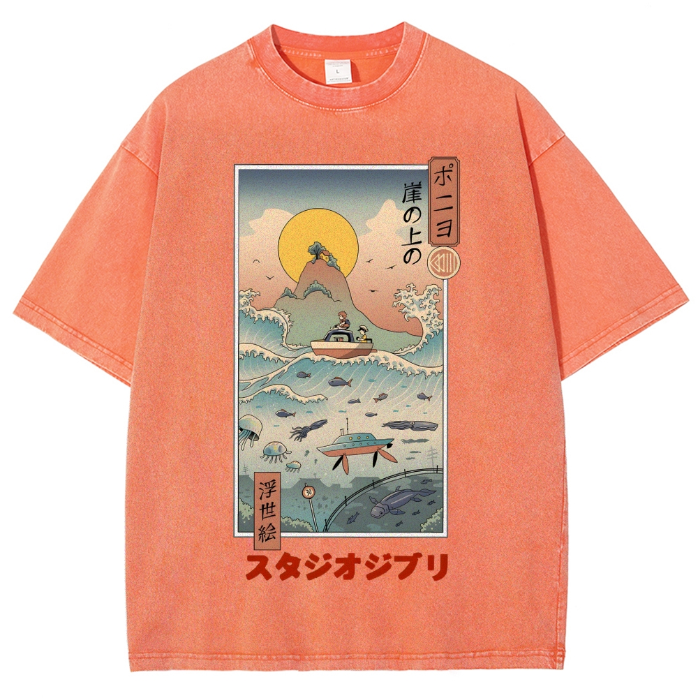 Ghibli Ponyo Anime Ukiyoe Vintage Wash Japanese Design T-Shirt