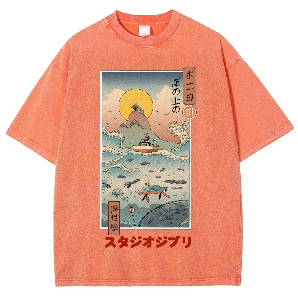 Ghibli Ponyo Anime Ukiyoe Vintage Wash Japanese Design T-Shirt
