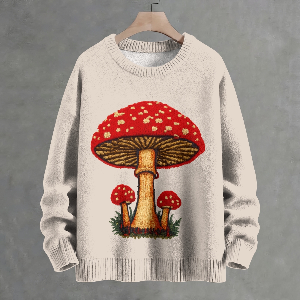 Women's Retro Mushroom Print Crew Neck Sweater