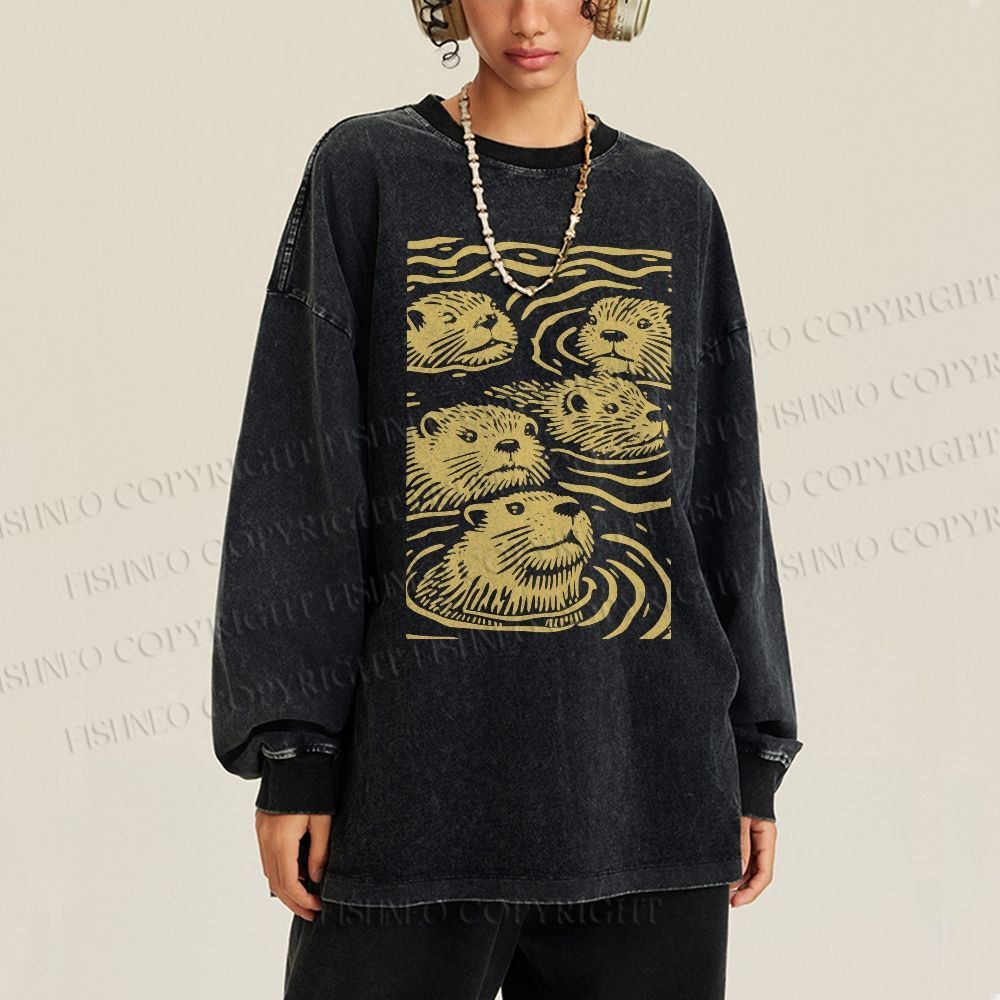Unisex Casual Washed Woodcut Otter Printed Long Sleeve T-shirt