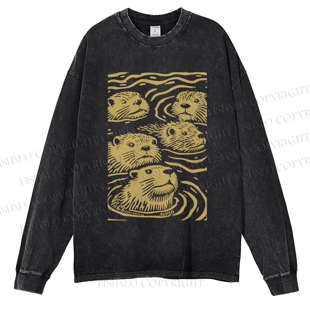 Unisex Casual Washed Woodcut Otter Printed Long Sleeve T-shirt