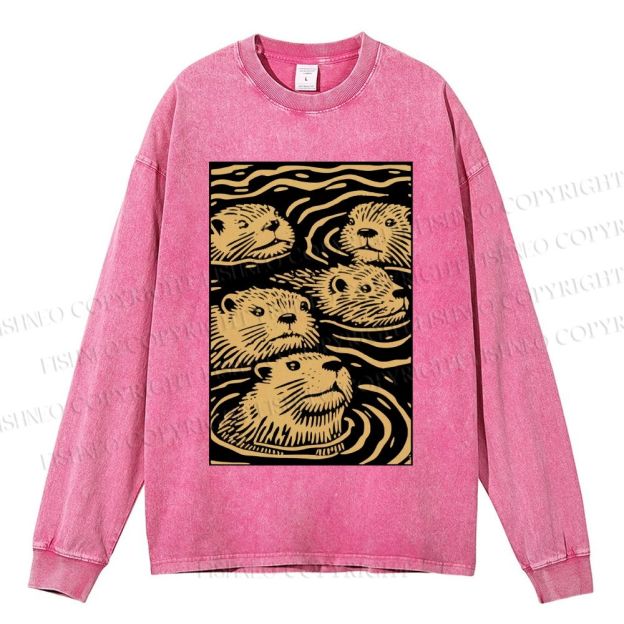 Unisex Casual Washed Woodcut Otter Printed Long Sleeve T-shirt