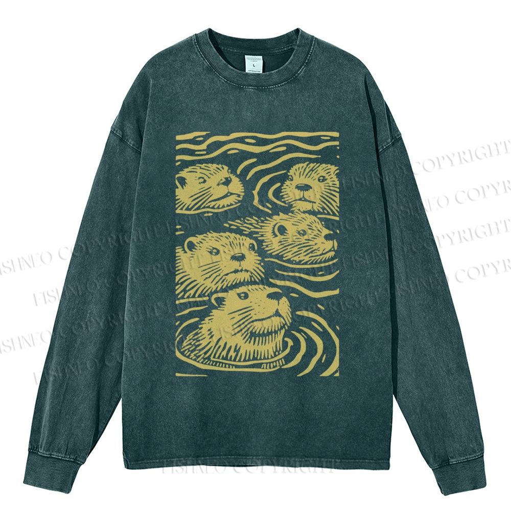 Unisex Casual Washed Woodcut Otter Printed Long Sleeve T-shirt