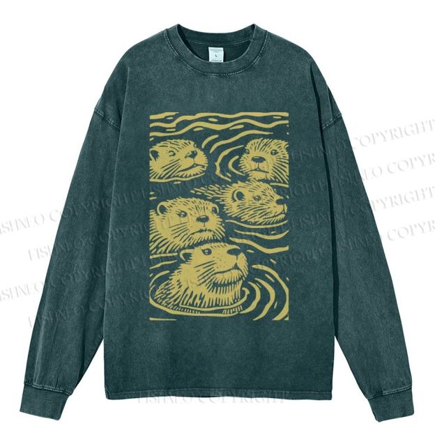 Unisex Casual Washed Woodcut Otter Printed Long Sleeve T-shirt