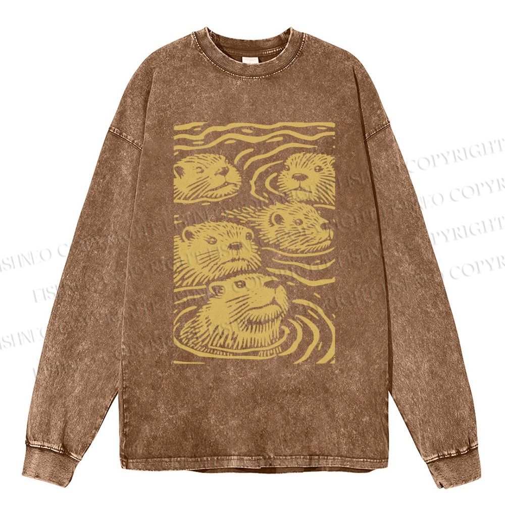 Unisex Casual Washed Woodcut Otter Printed Long Sleeve T-shirt