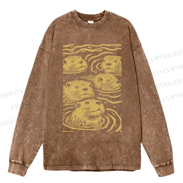 Unisex Casual Washed Woodcut Otter Printed Long Sleeve T-shirt