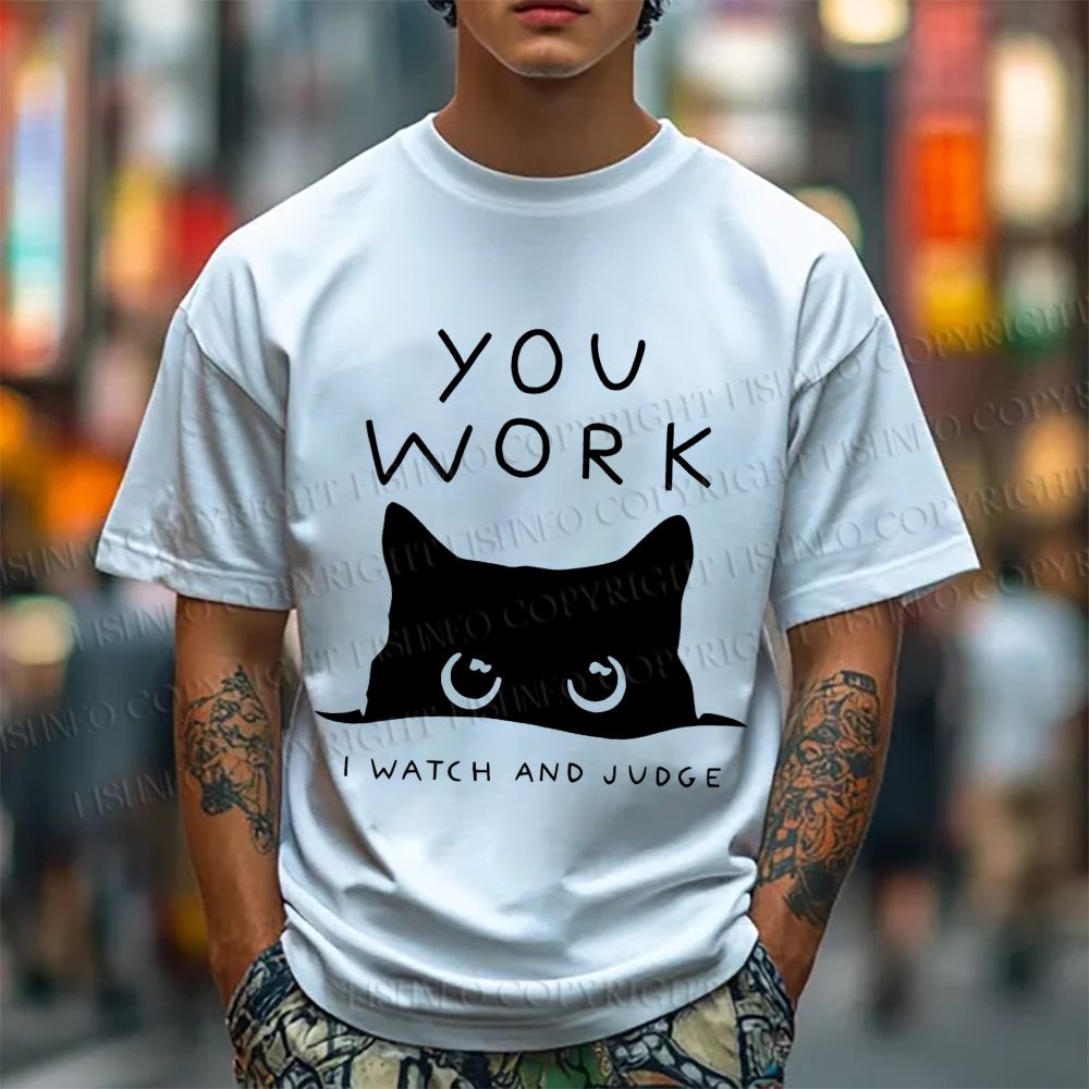 Unisex Black Cat Watching Your Work Vintage Classic Cotton T-shirt