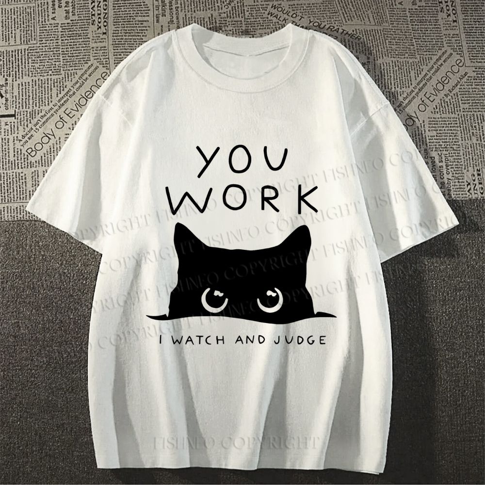 Unisex Black Cat Watching Your Work Vintage Classic Cotton T-shirt