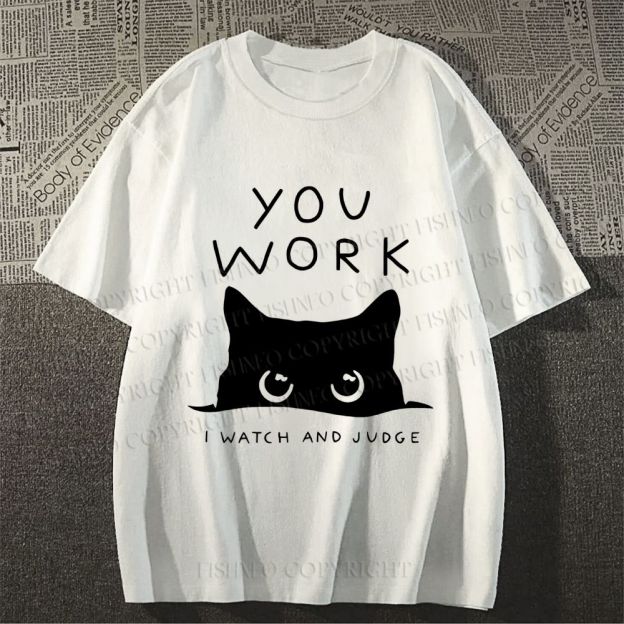 Unisex Black Cat Watching Your Work Vintage Classic Cotton T-shirt