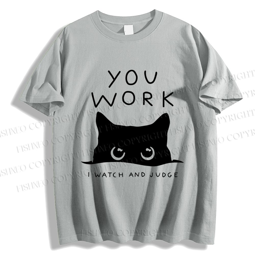 Unisex Black Cat Watching Your Work Vintage Classic Cotton T-shirt