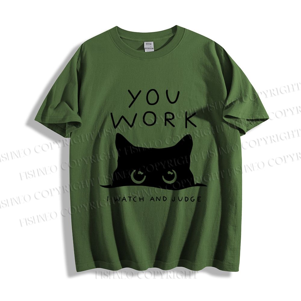Unisex Black Cat Watching Your Work Vintage Classic Cotton T-shirt