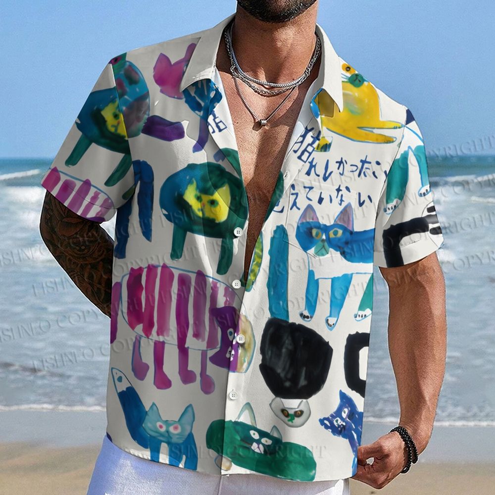 Japanese Colorful Cats Printed Men's Short-sleeved Shirts