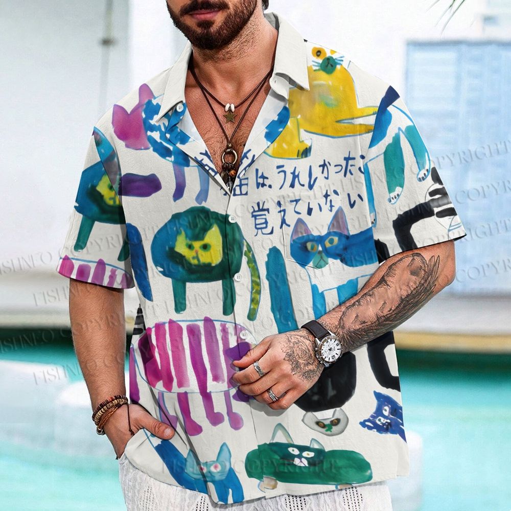 Japanese Colorful Cats Printed Men's Short-sleeved Shirts