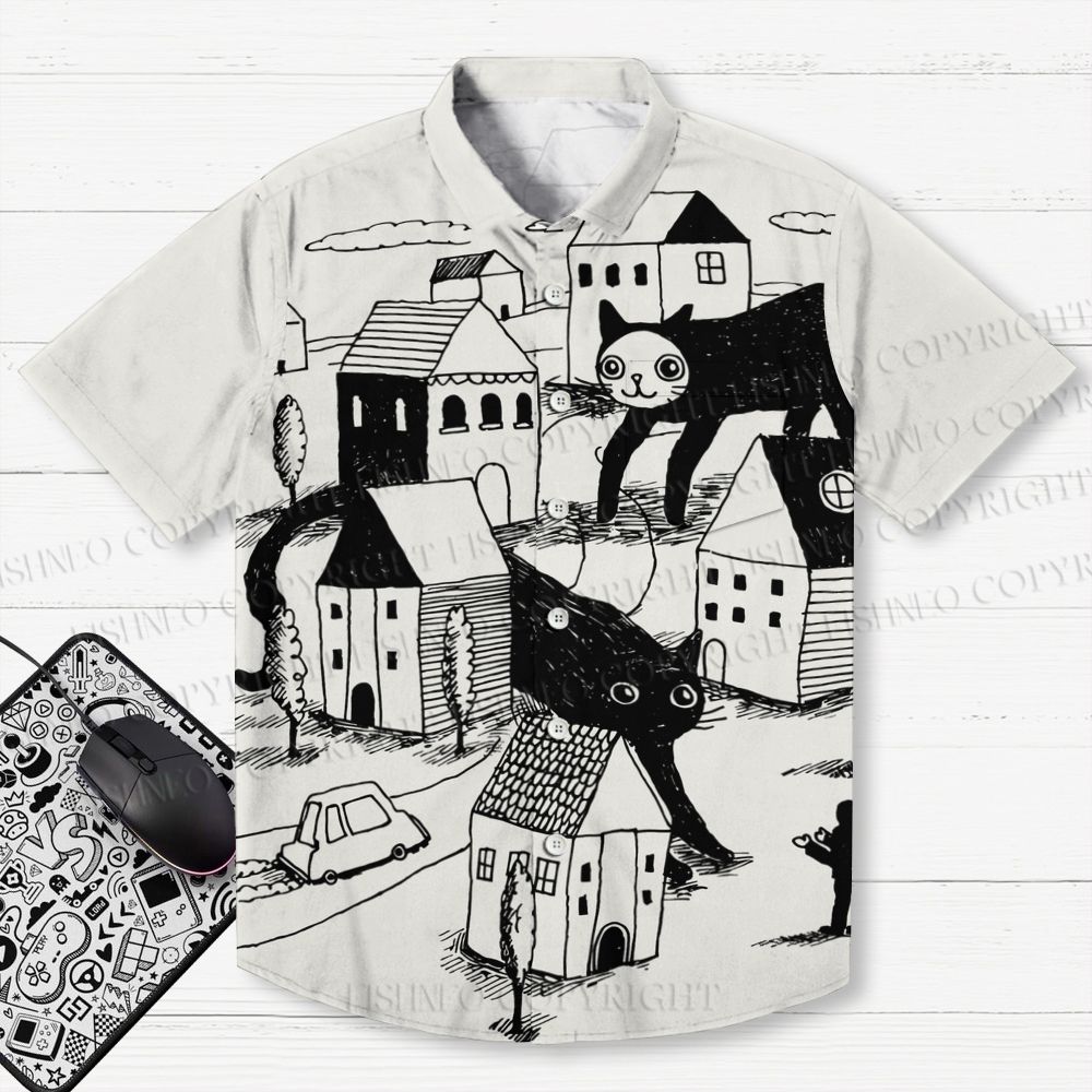 Giant Cat Village Printed Men's Short-sleeved Shirts