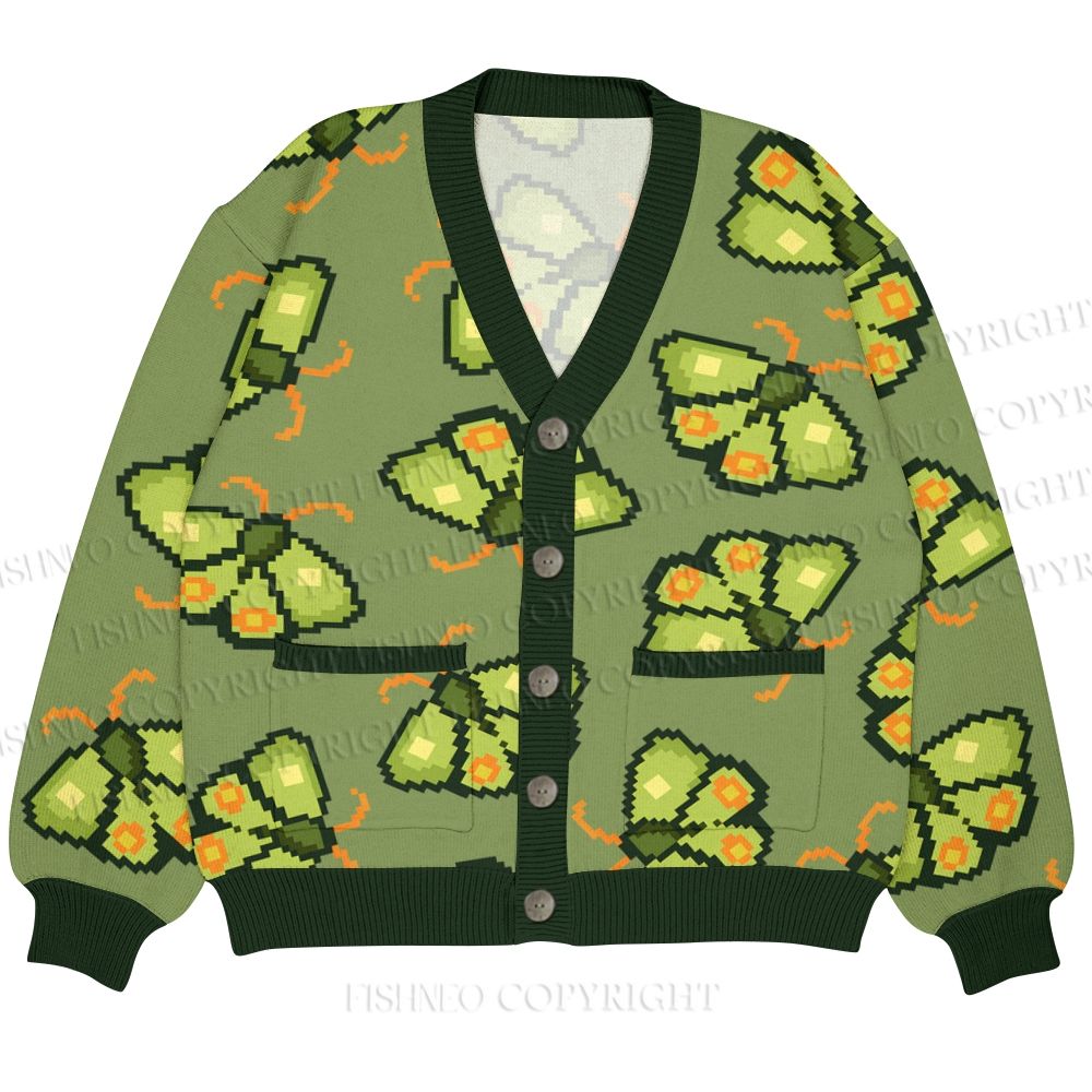 Green Moth Ugly Cardigan Sweater With Pocket