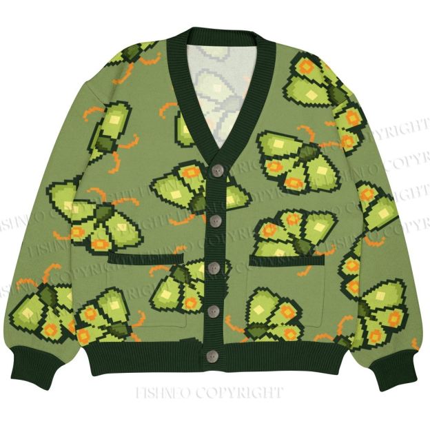 Green Moth Ugly Cardigan Sweater With Pocket