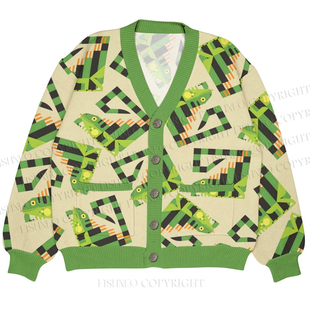 Square Lizard Ugly Cardigan Sweater With Pocket