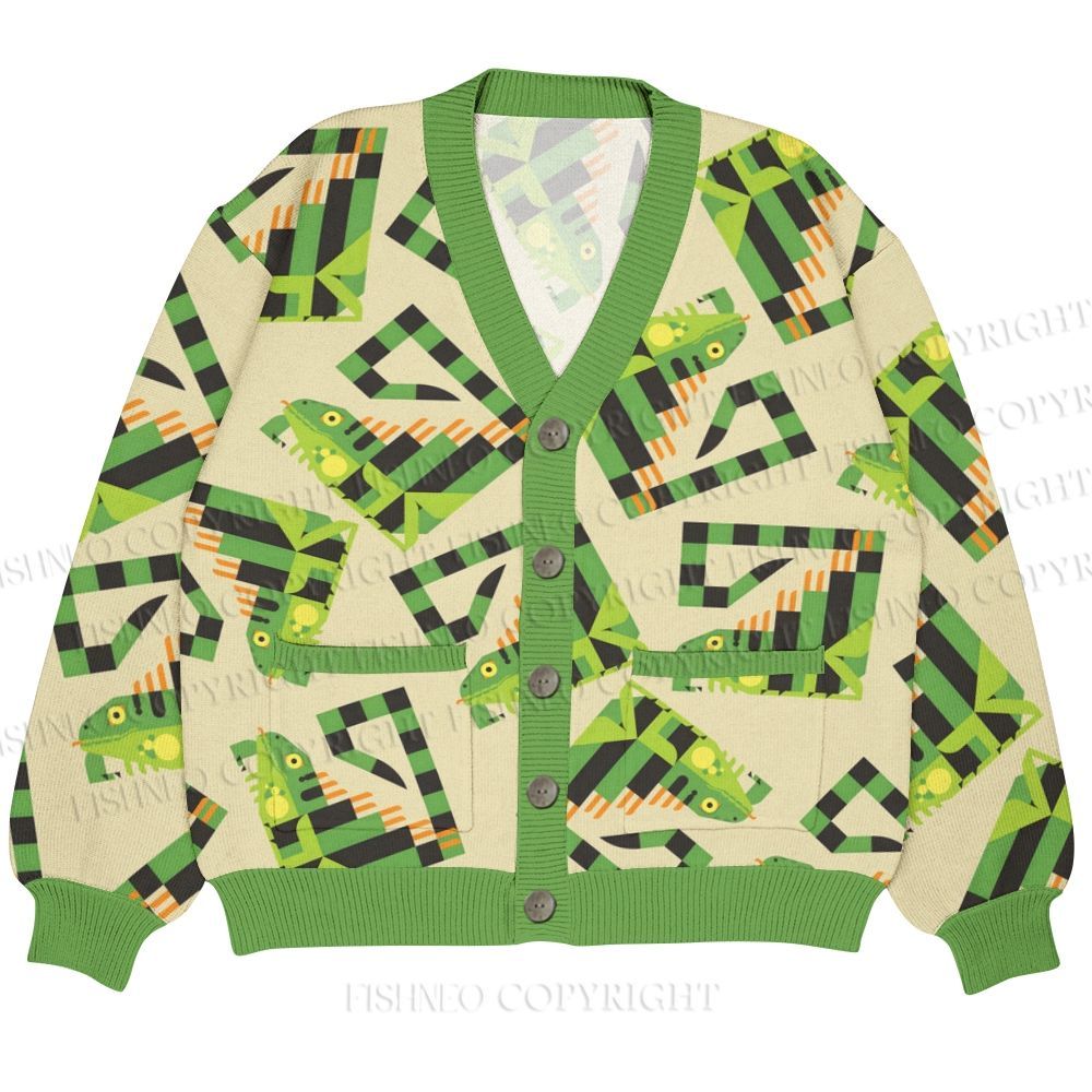 Square Lizard Ugly Cardigan Sweater With Pocket