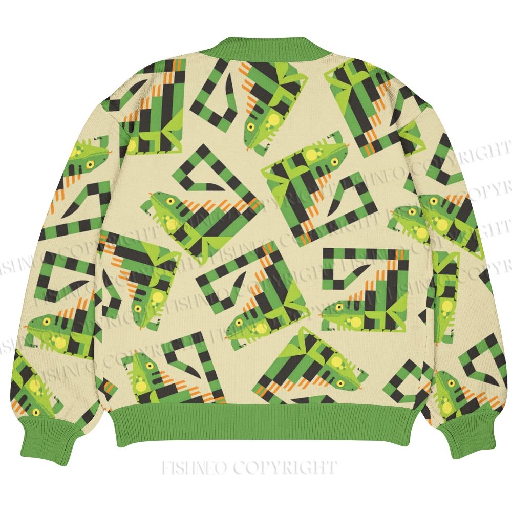 Square Lizard Ugly Cardigan Sweater With Pocket