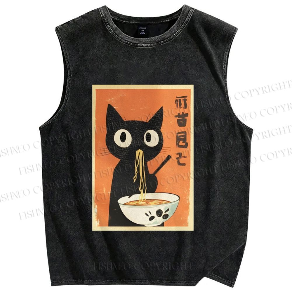 Unisex Ramen Cat Printed Washed Tank Top