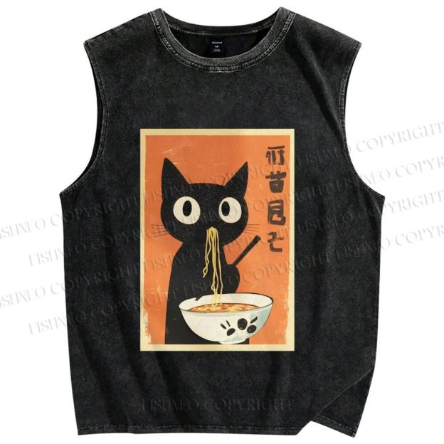 Unisex Ramen Cat Printed Washed Tank Top