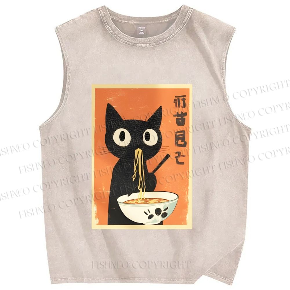 Unisex Ramen Cat Printed Washed Tank Top