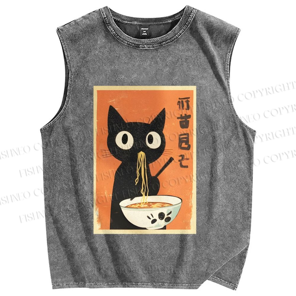 Unisex Ramen Cat Printed Washed Tank Top
