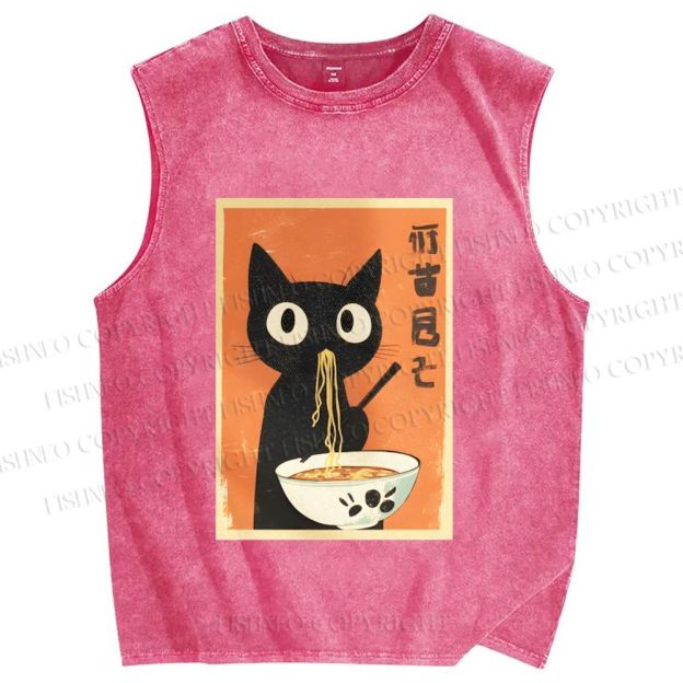 Unisex Ramen Cat Printed Washed Tank Top