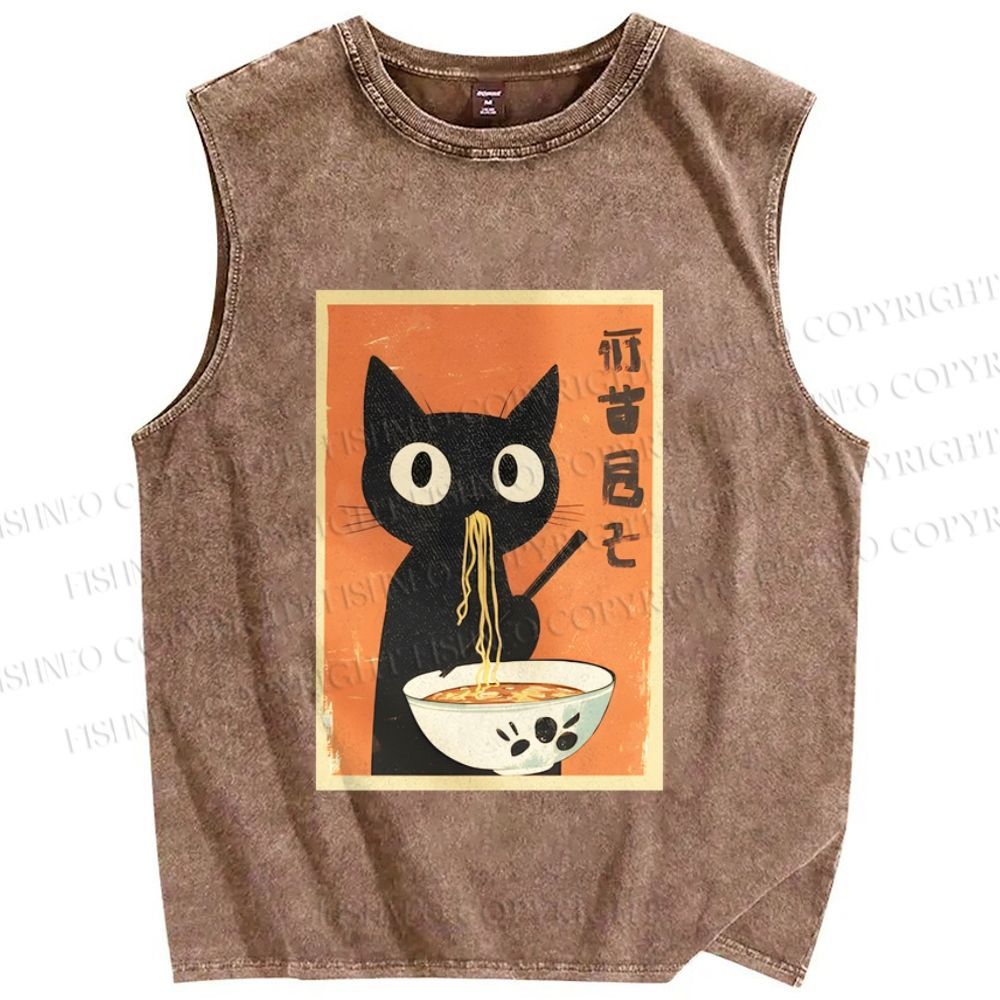 Unisex Ramen Cat Printed Washed Tank Top