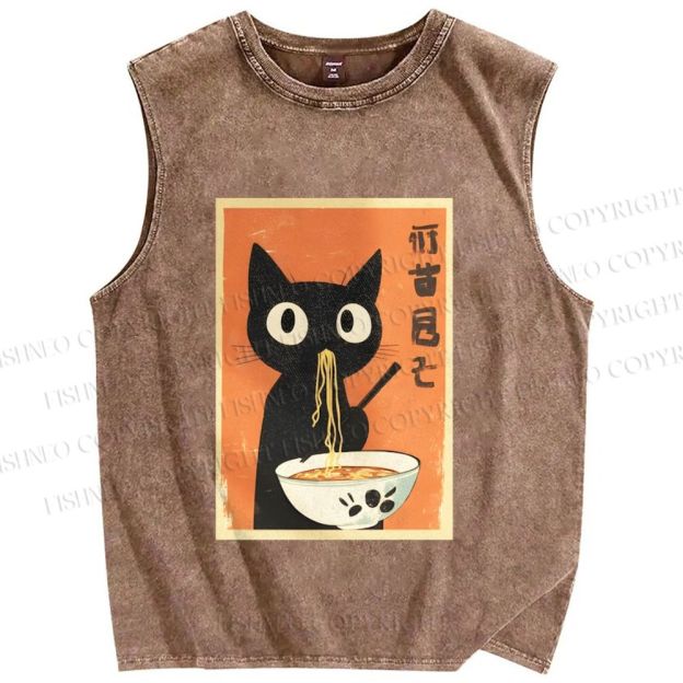 Unisex Ramen Cat Printed Washed Tank Top