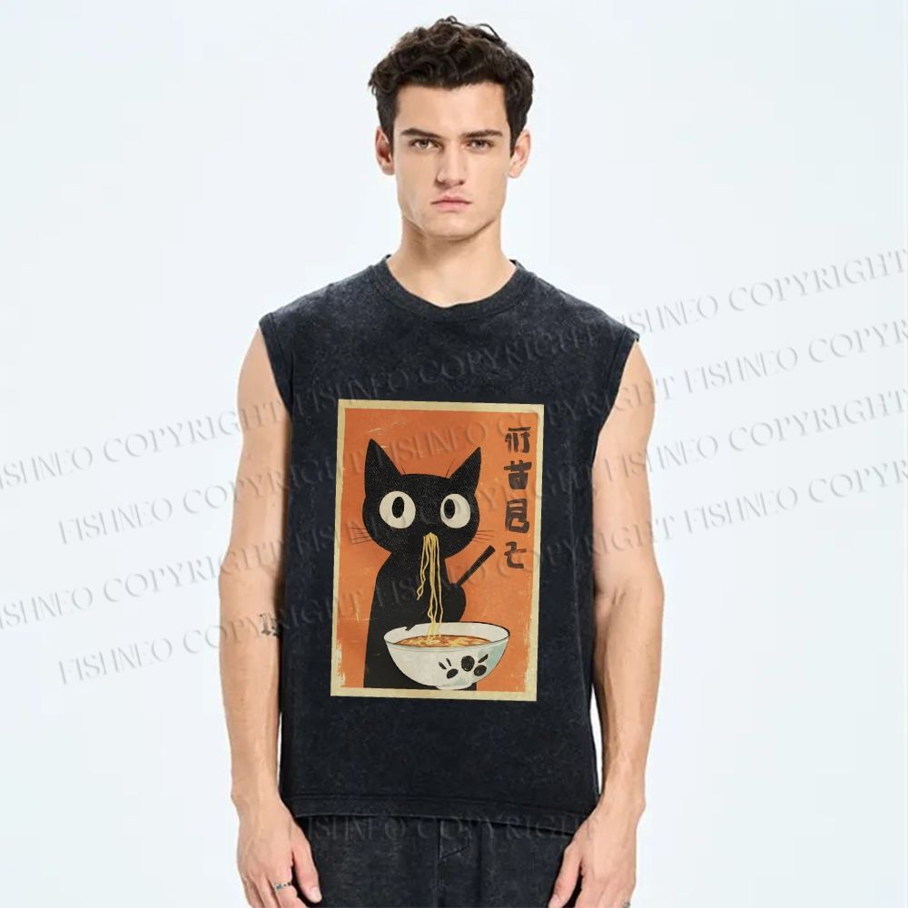 Unisex Ramen Cat Printed Washed Tank Top