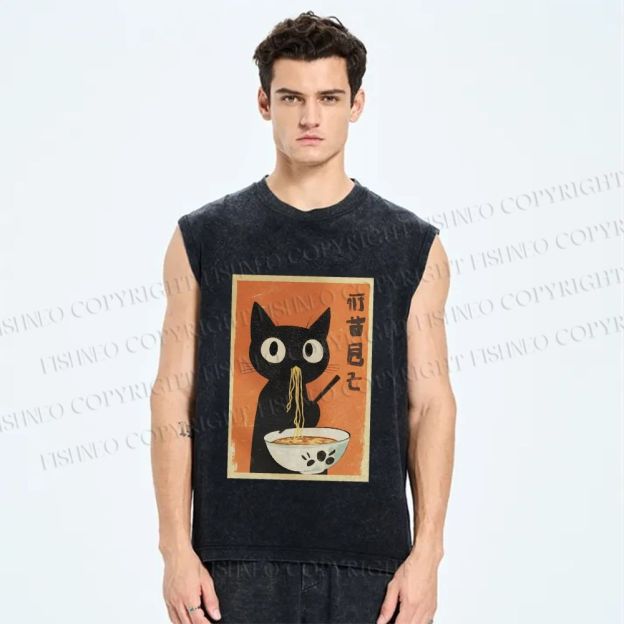 Unisex Ramen Cat Printed Washed Tank Top