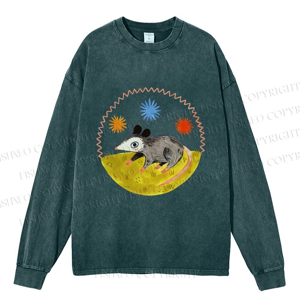 Unisex Casual Washed Cute Opossum Printed Long Sleeve T-shirt