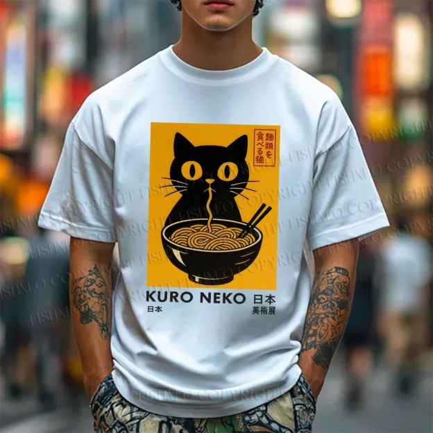 Unisex Kuro Neko Cat Printed Classic Cotton T-shirt