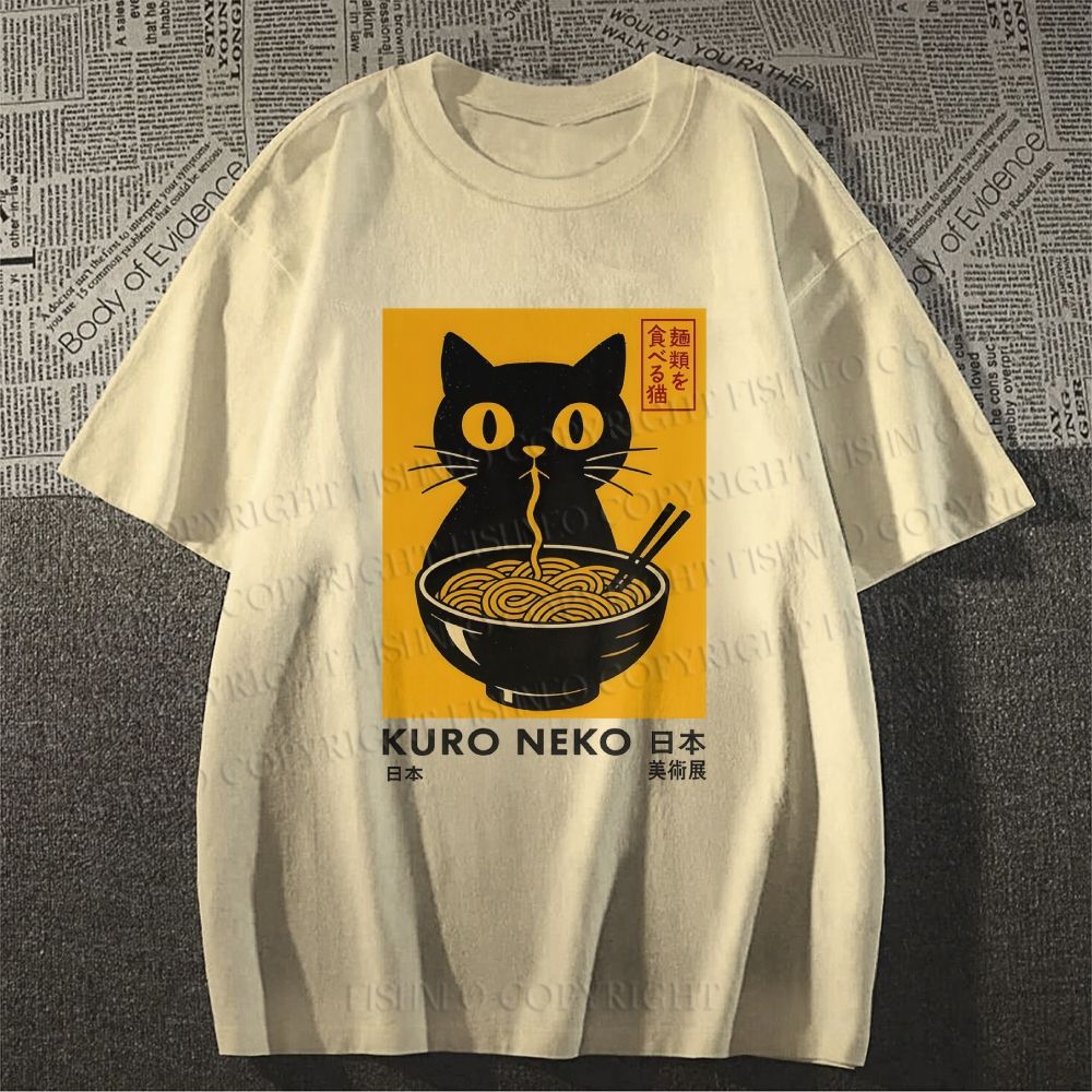Unisex Kuro Neko Cat Printed Classic Cotton T-shirt