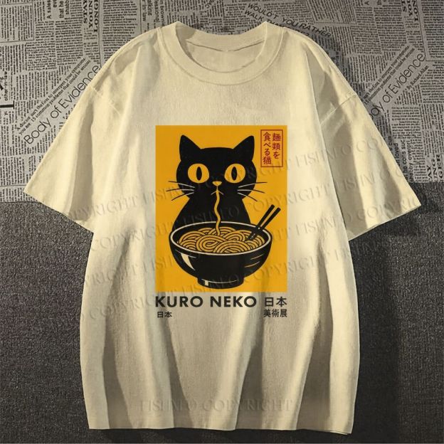 Unisex Kuro Neko Cat Printed Classic Cotton T-shirt