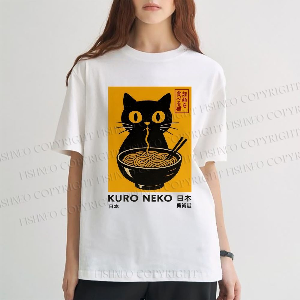 Unisex Kuro Neko Cat Printed Classic Cotton T-shirt