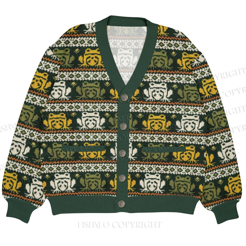 Puzzled Frog Printed Ugly Cardigan Sweater With Pocket