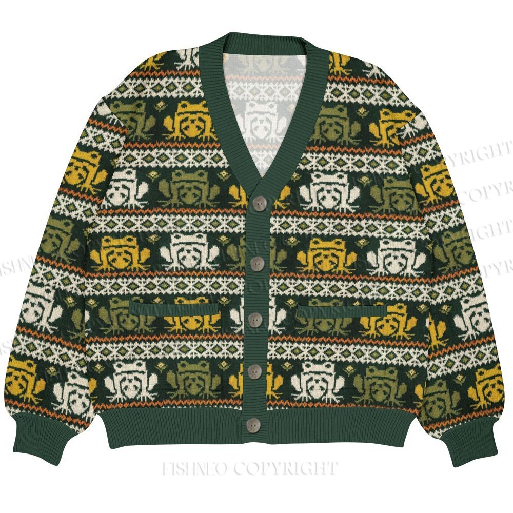 Puzzled Frog Printed Ugly Cardigan Sweater With Pocket