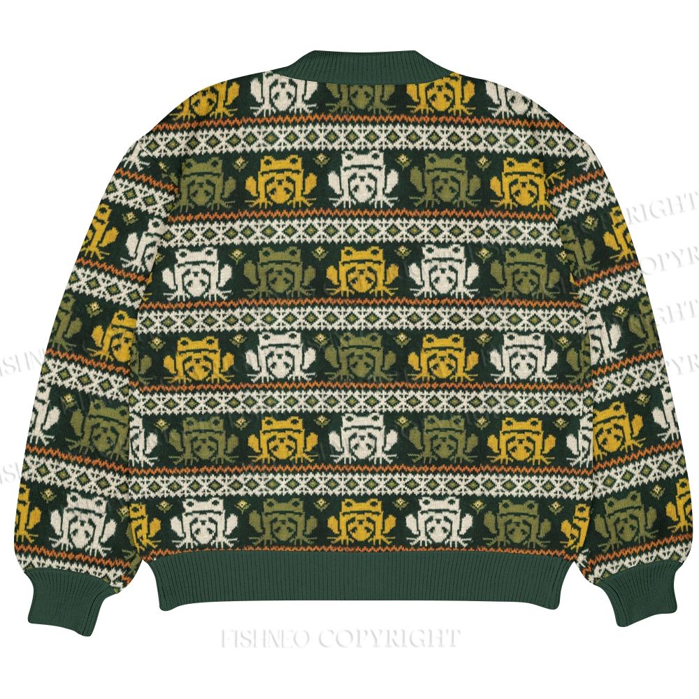 Puzzled Frog Printed Ugly Cardigan Sweater With Pocket