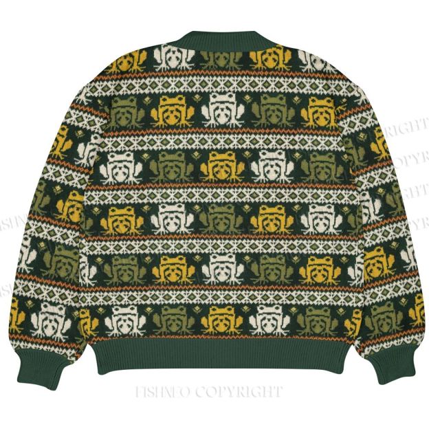 Puzzled Frog Printed Ugly Cardigan Sweater With Pocket