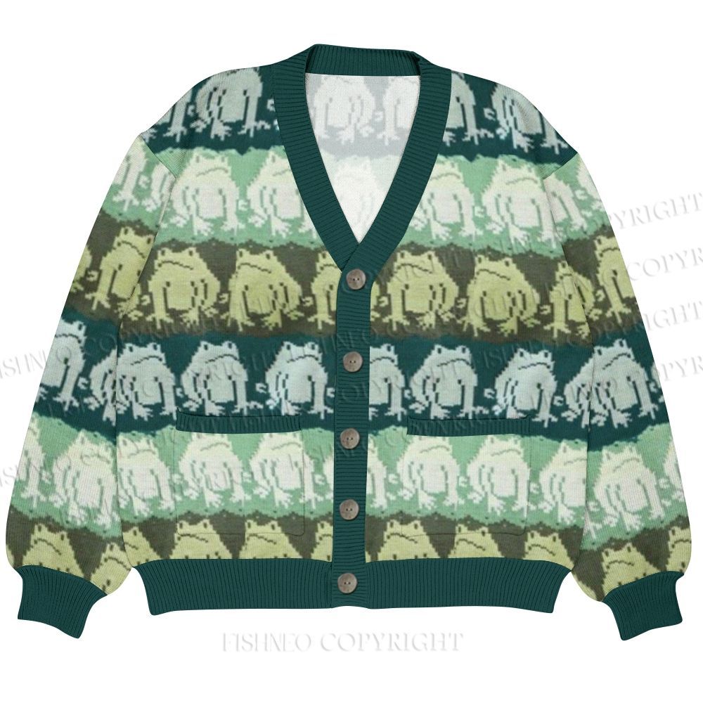 Funny Frog Printed Ugly Cardigan Sweater With Pocket