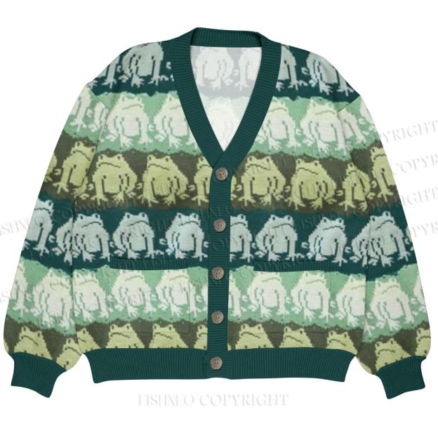 Funny Frog Printed Ugly Cardigan Sweater With Pocket