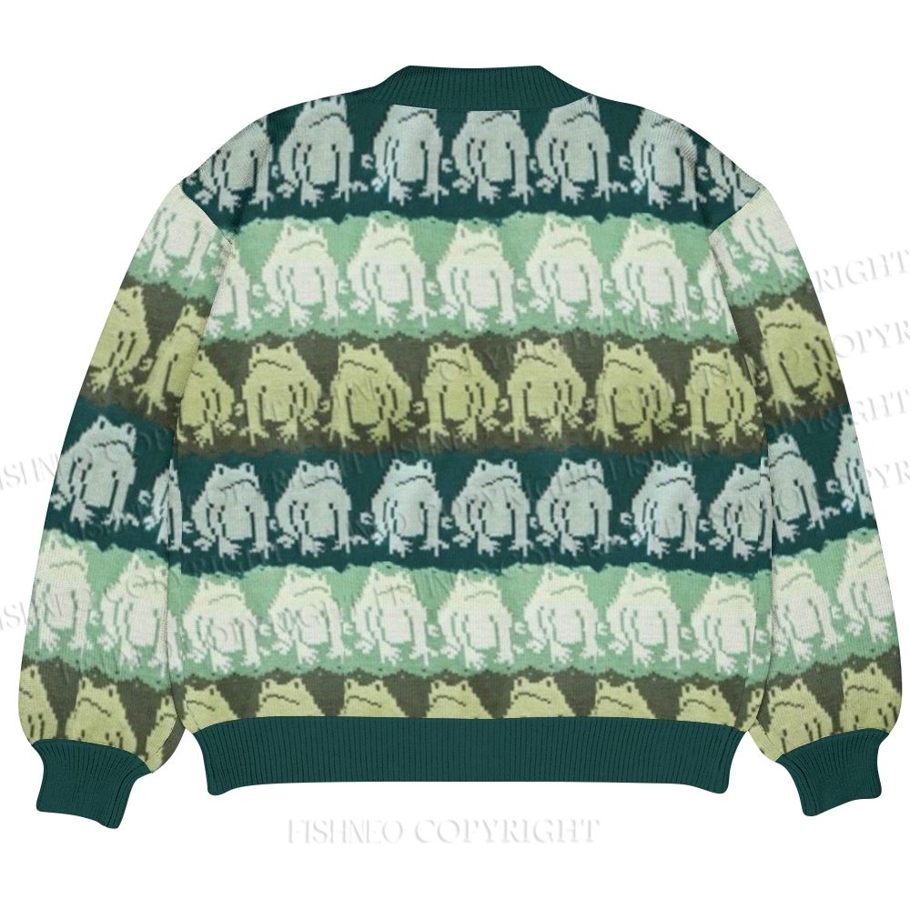 Funny Frog Printed Ugly Cardigan Sweater With Pocket