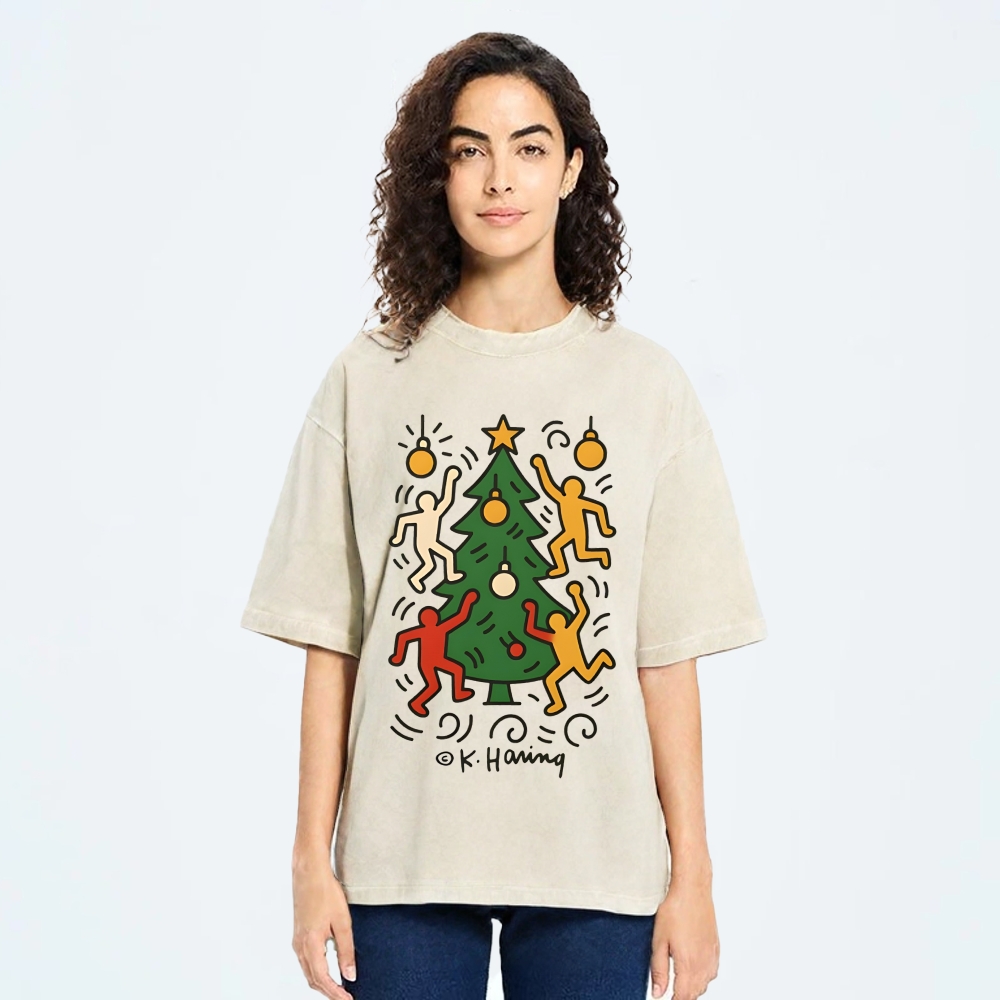 Christmas Keith Haring Vintage Wash Japanese Design T-Shirt